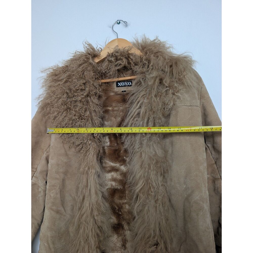 Vintage Real Leather Fur Trim Tan Penny Lane Longline Coat Jacket Sz S XOXO - Picture 4 of 16